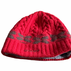 Spyder Red Cable Knit Beanie Hat Gray Band Logo Winter